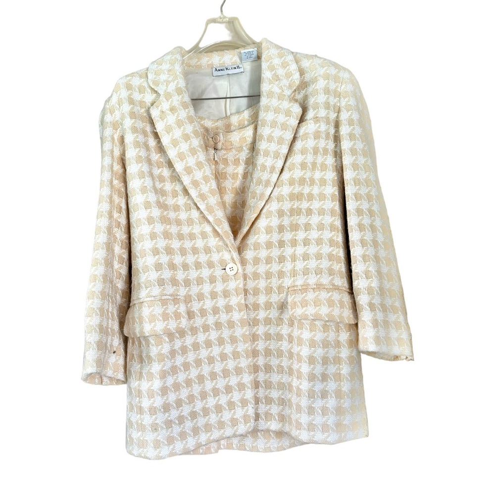 Vintage Anne Klein Houndstooth Wool Blend Skirt Suit Set Cream Size 8/10